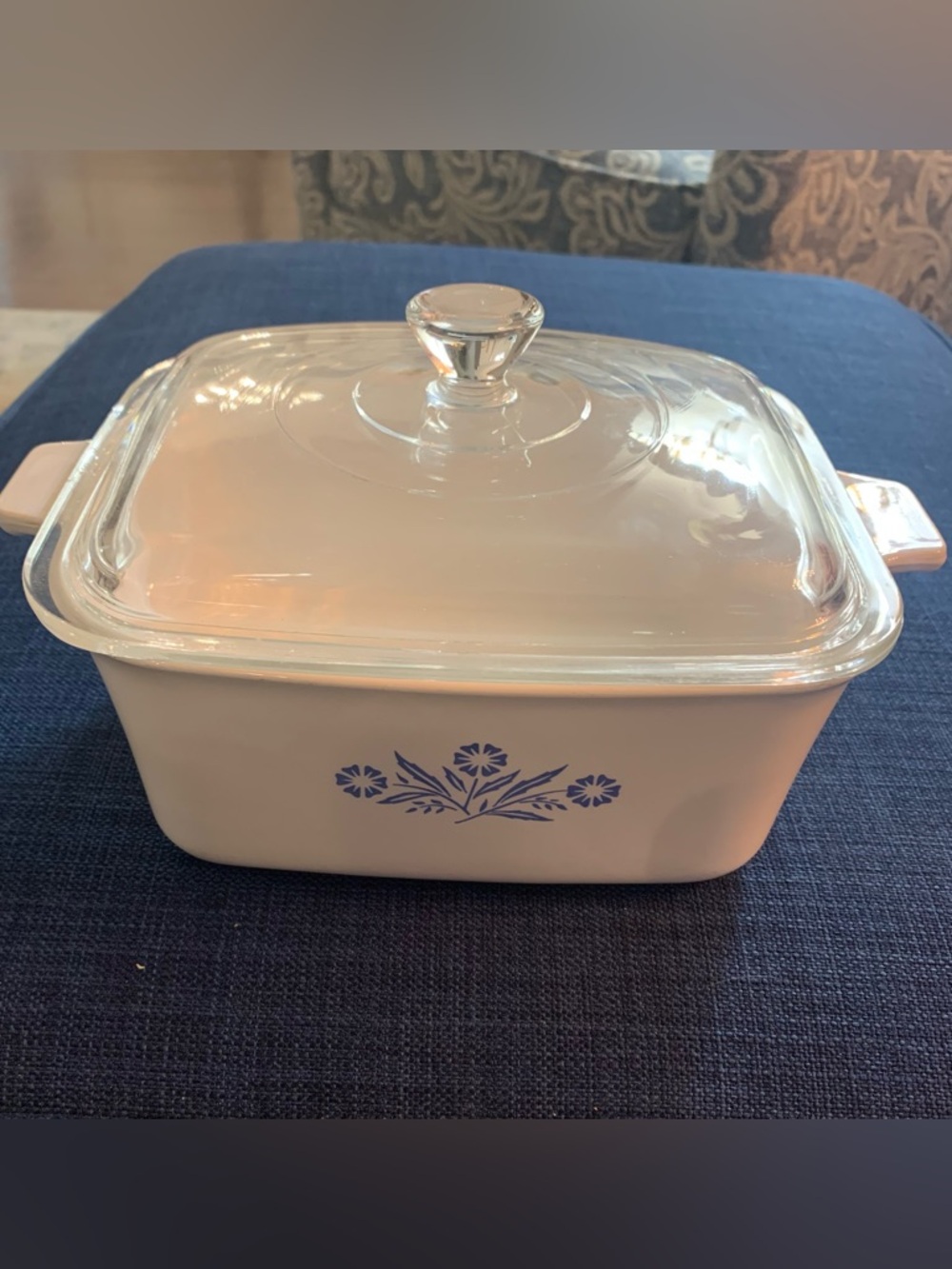Corningware White Ceramic Casserole with Blue Floral Design and Glass Lid